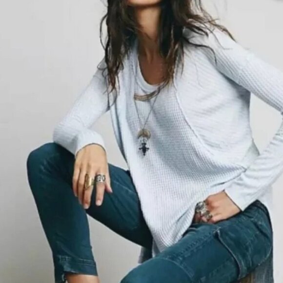 Free People Women‎ Waffle Knit Top Light Blue Small Long Sleeve Tunic Ventura - Picture 1 of 12